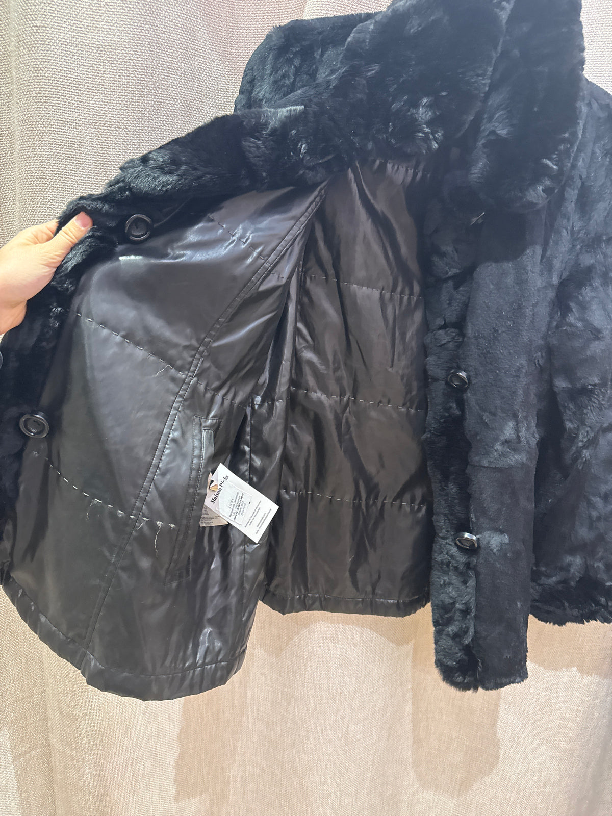 Manteau noir Dervernois T.XL - vraie fourrure réversible