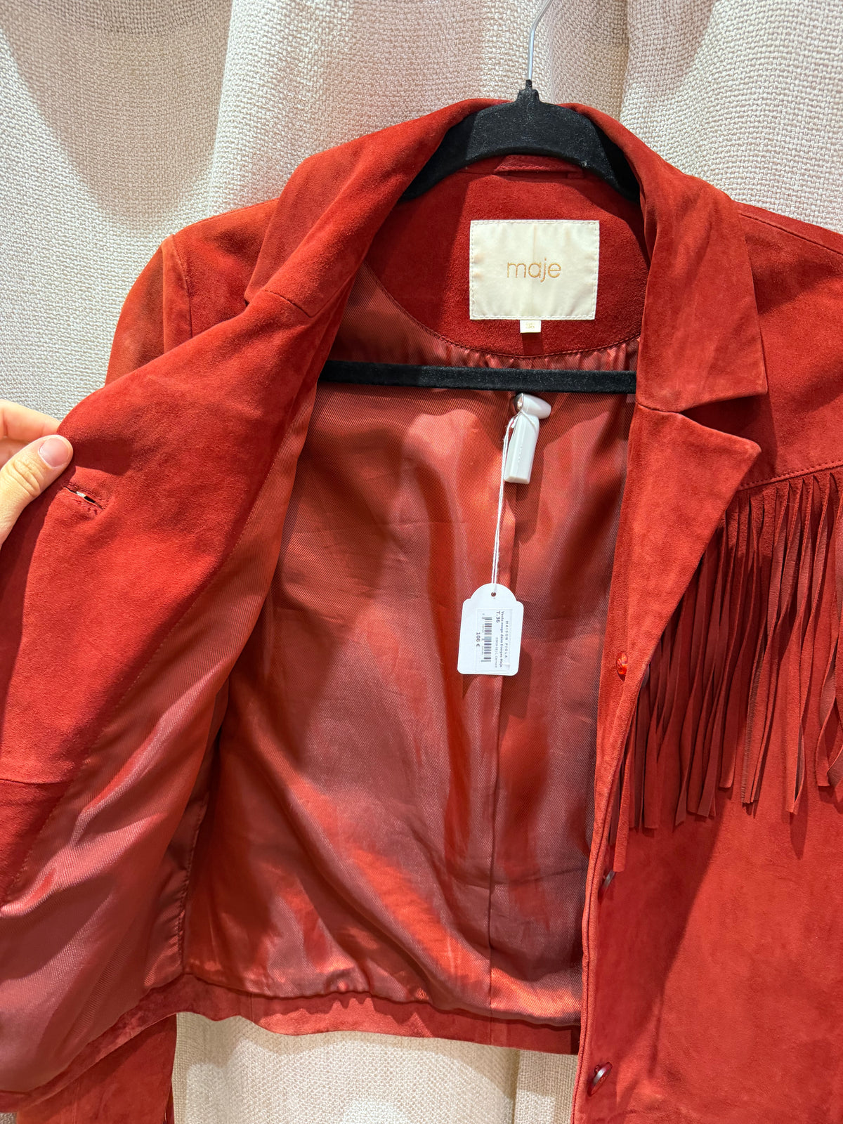Veste rouge en daim à franges Maje T.36 05/09