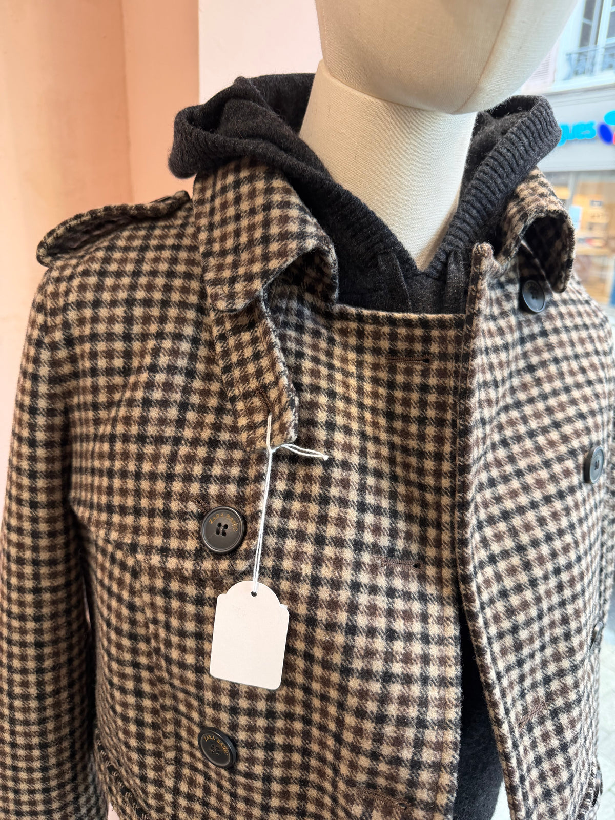 Veste en laine marron pied-de-poule Zara T.M 10/09