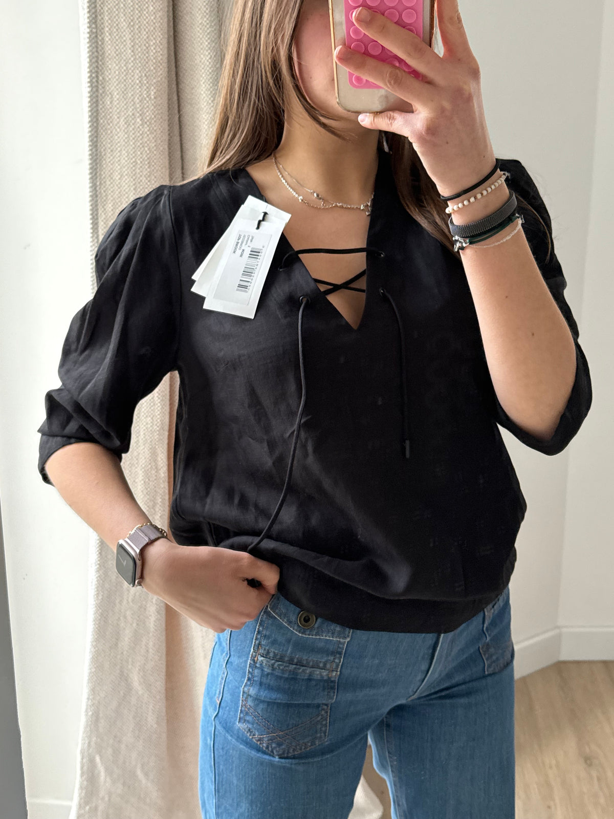 Blouse Ba&sh noire lacets manches 3/4 T.XS