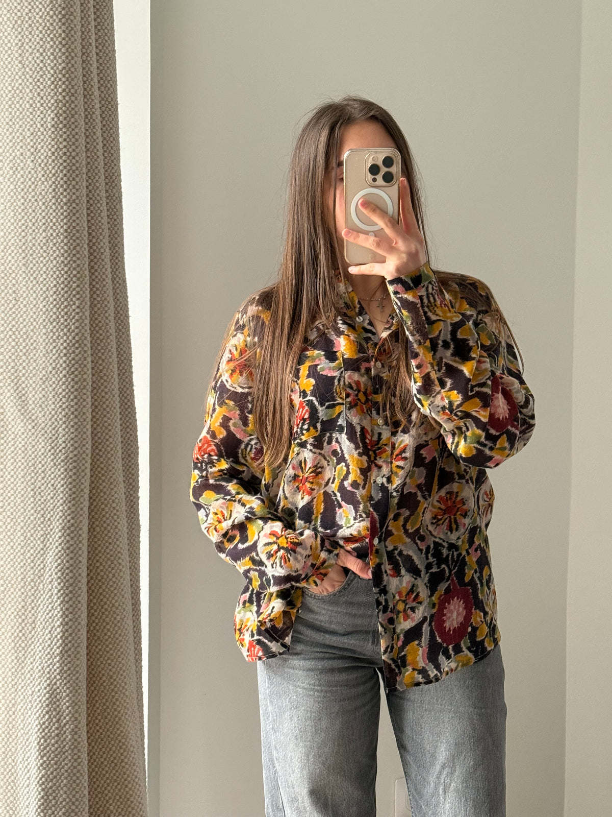 Antik Batik Marron jaune et verte T.L - Blouse