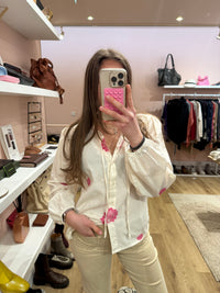 Emablues Blouse Blanche fleurs rose T.S