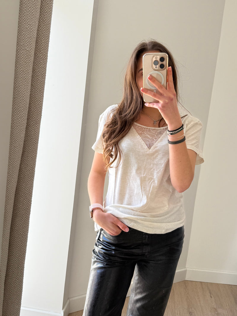 One Step - T-shirt blanc détails doré/dentelle - T.XL