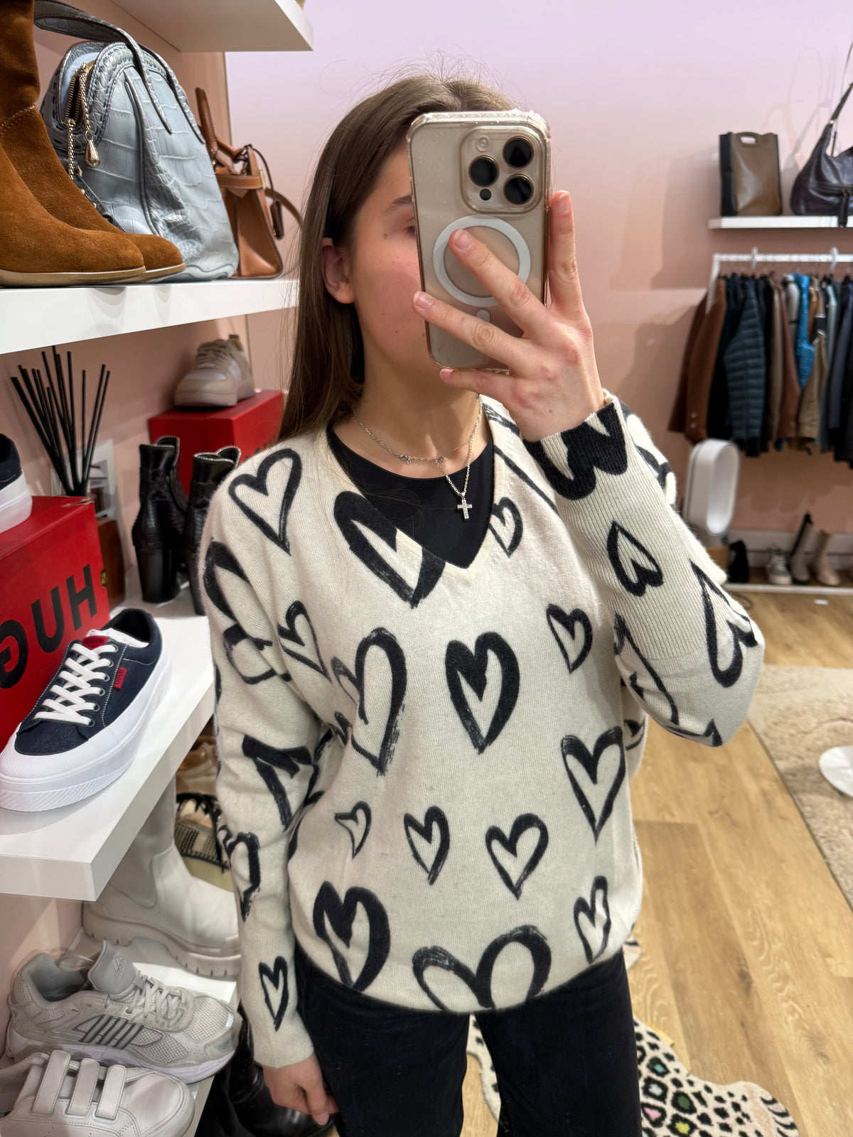 Pull beige cœur noir Estheme cachemire T.M