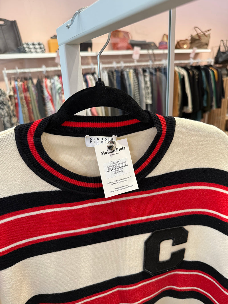 Pull beige rouge rayures Claudie Pierlot T.S