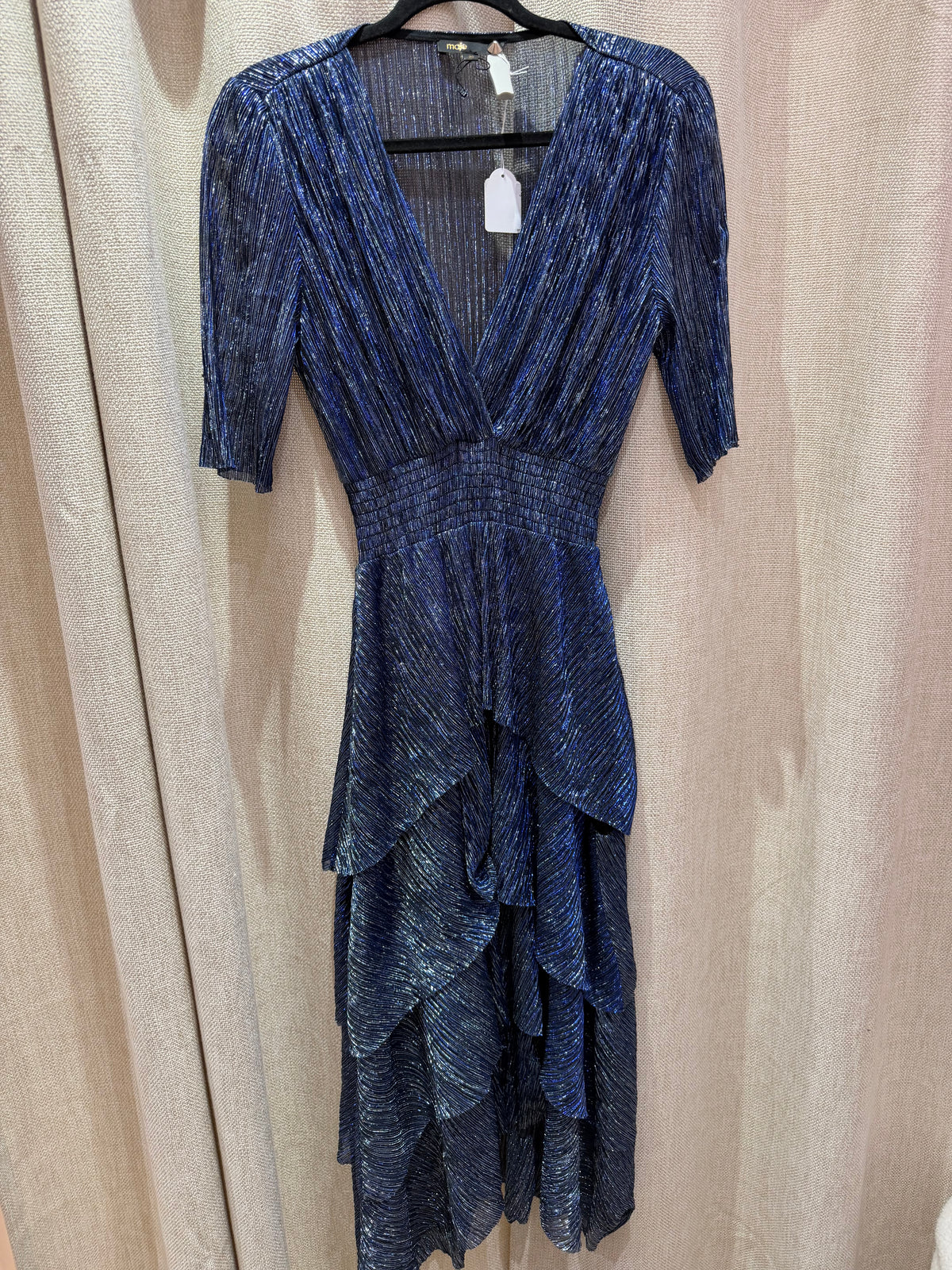 Maje - Robe longue bleue à volants argentés, manches courtes - T.38 03/09