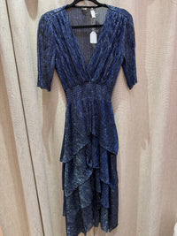 Maje - Robe longue bleue à volants argentés, manches courtes - T.38 03/09
