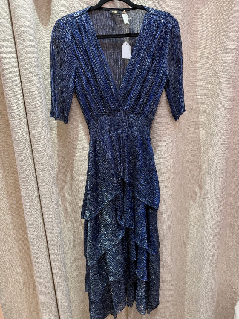 Maje - Robe longue bleue à volants argentés, manches courtes - T.38 03/09