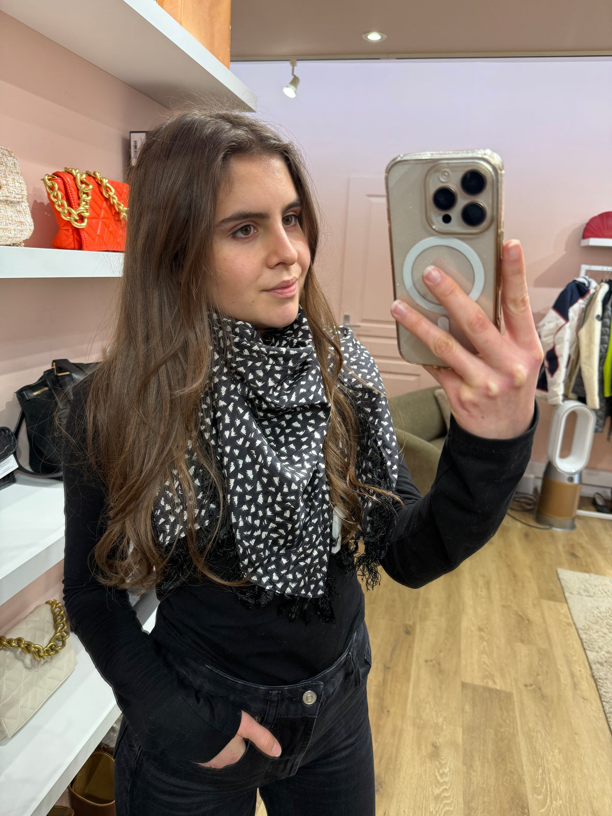 One Step - Foulard noir taches blanches franges - TU