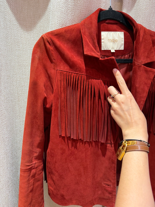 Veste rouge en daim à franges Maje T.36 05/09