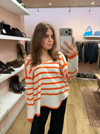 Pull blanc et orange en cachemire - A Poil - T.M/L 07/09