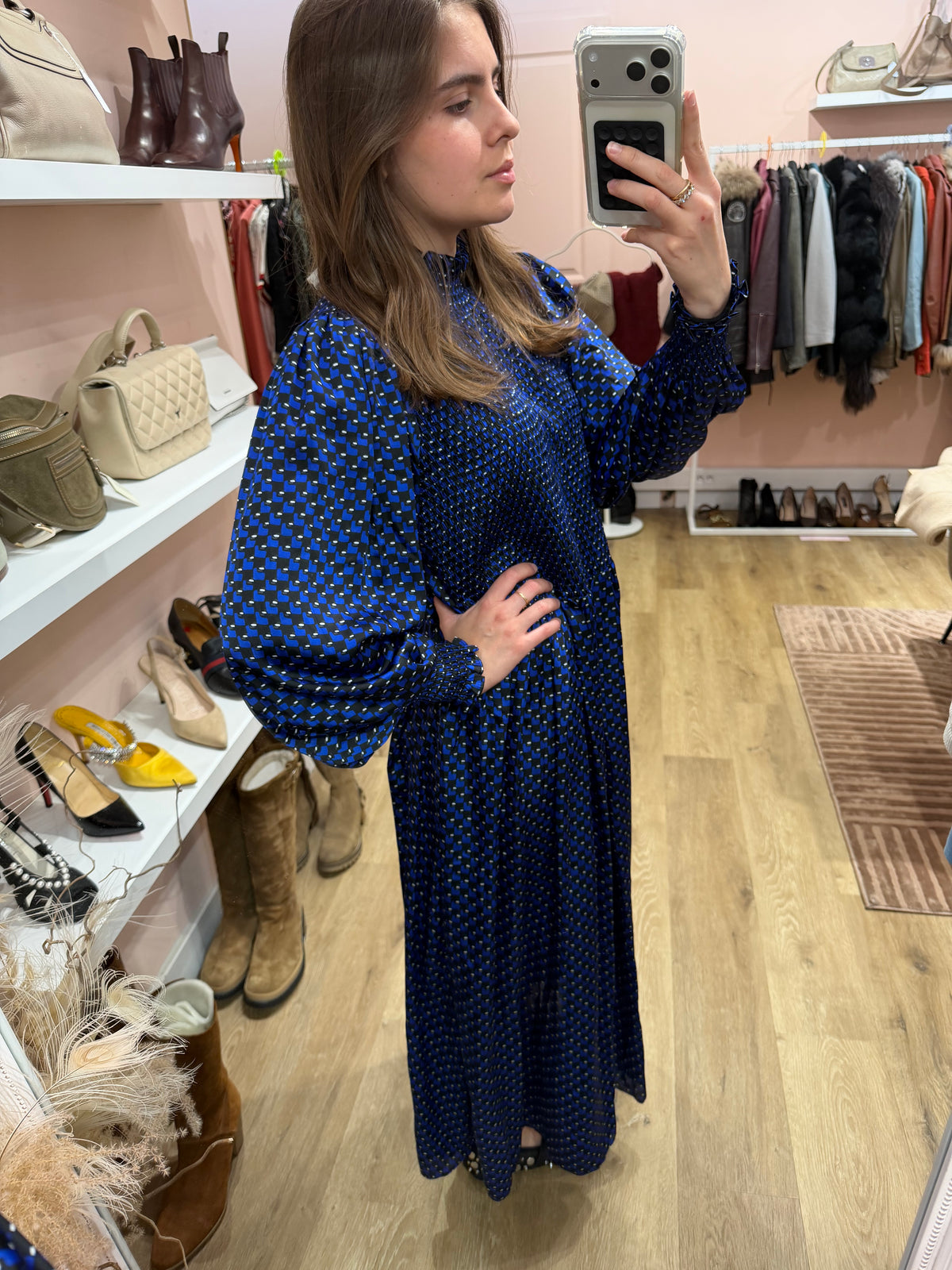 Robe longue claudie Pierlot carrée noire et bleue T.36 21/09