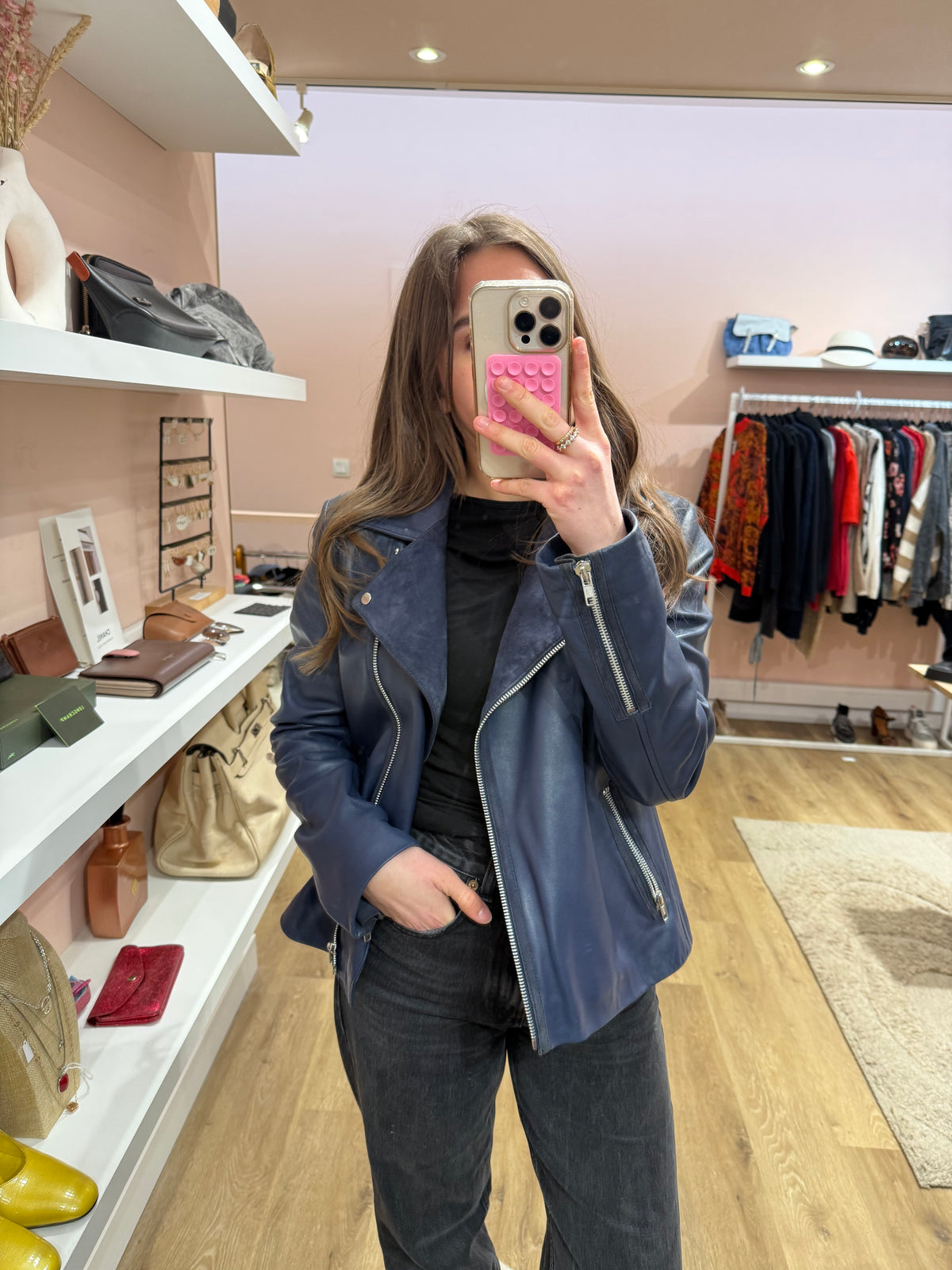 Veste en cuir Gérard Darel bleu marine T.40