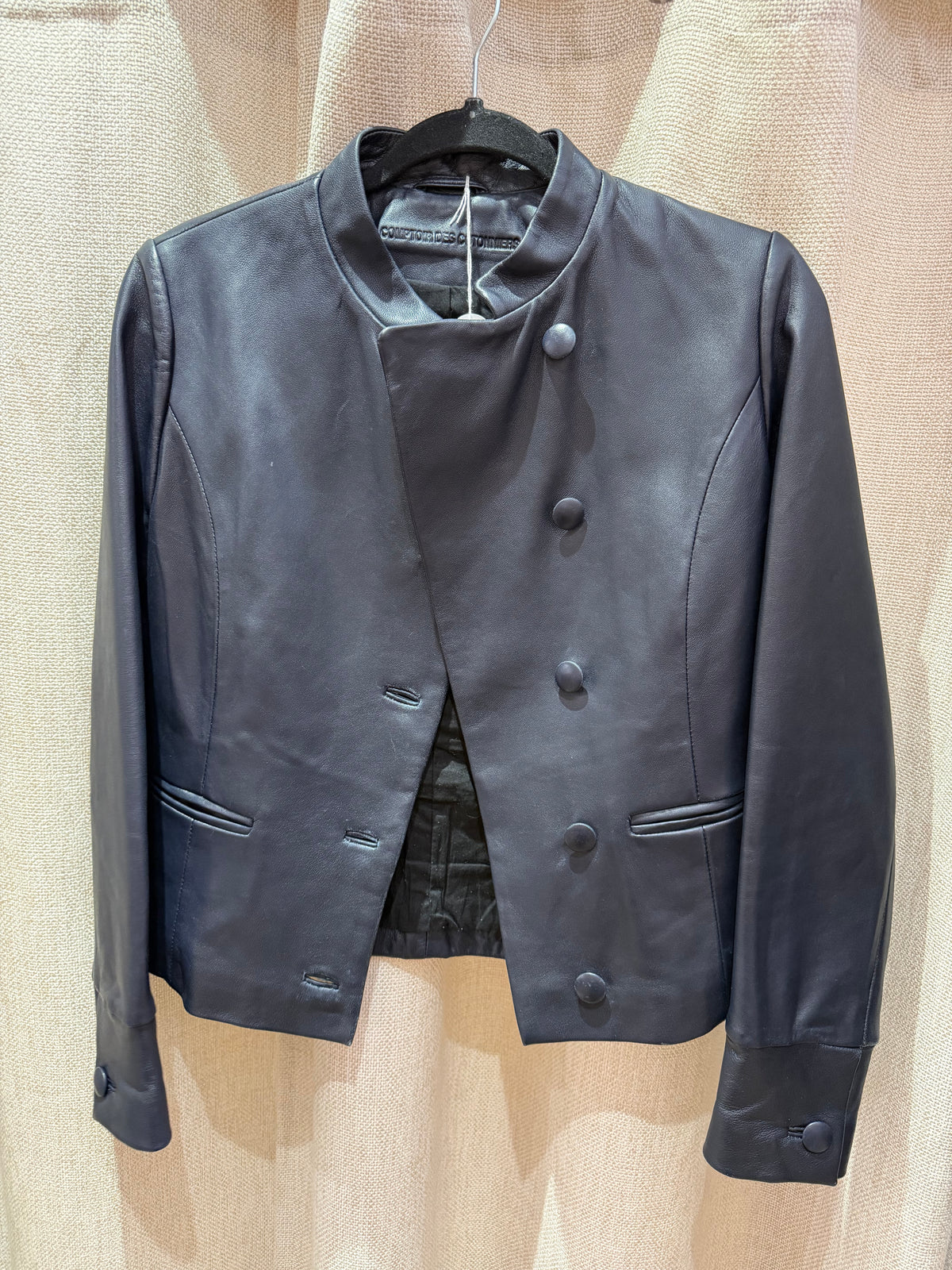 Veste en cuir cintrée bleu nuit Comptoir des Cotonniers T.36 04/10