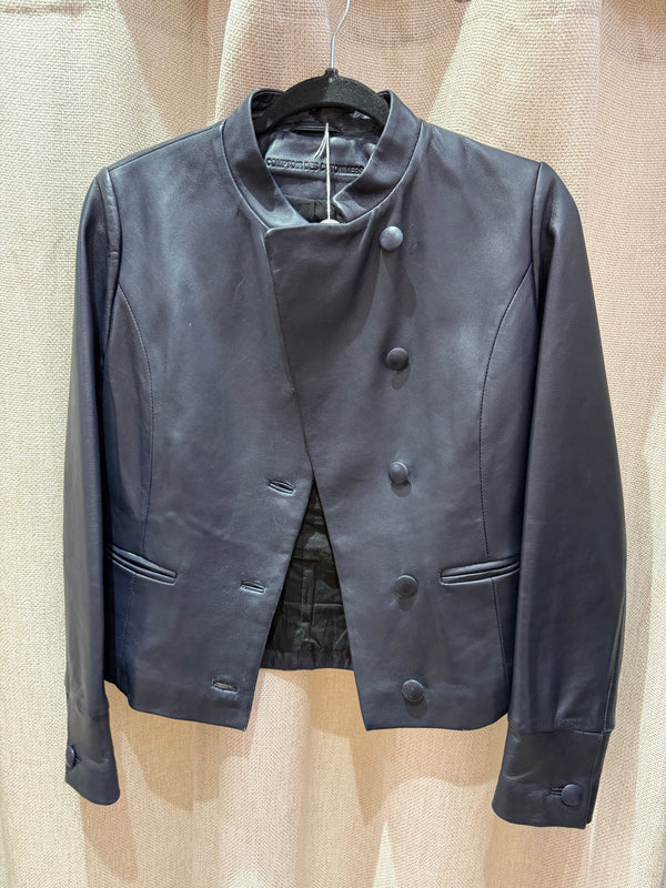 Veste en cuir cintrée bleu nuit Comptoir des Cotonniers T.36 04/10