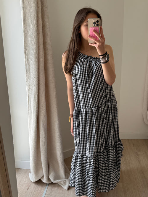Robe longue noire et grise vichy Anna TU