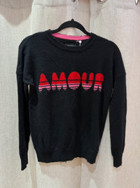 Zadig & Voltaire - Pull noir col rond, inscription rose Love - T.XS 11/09
