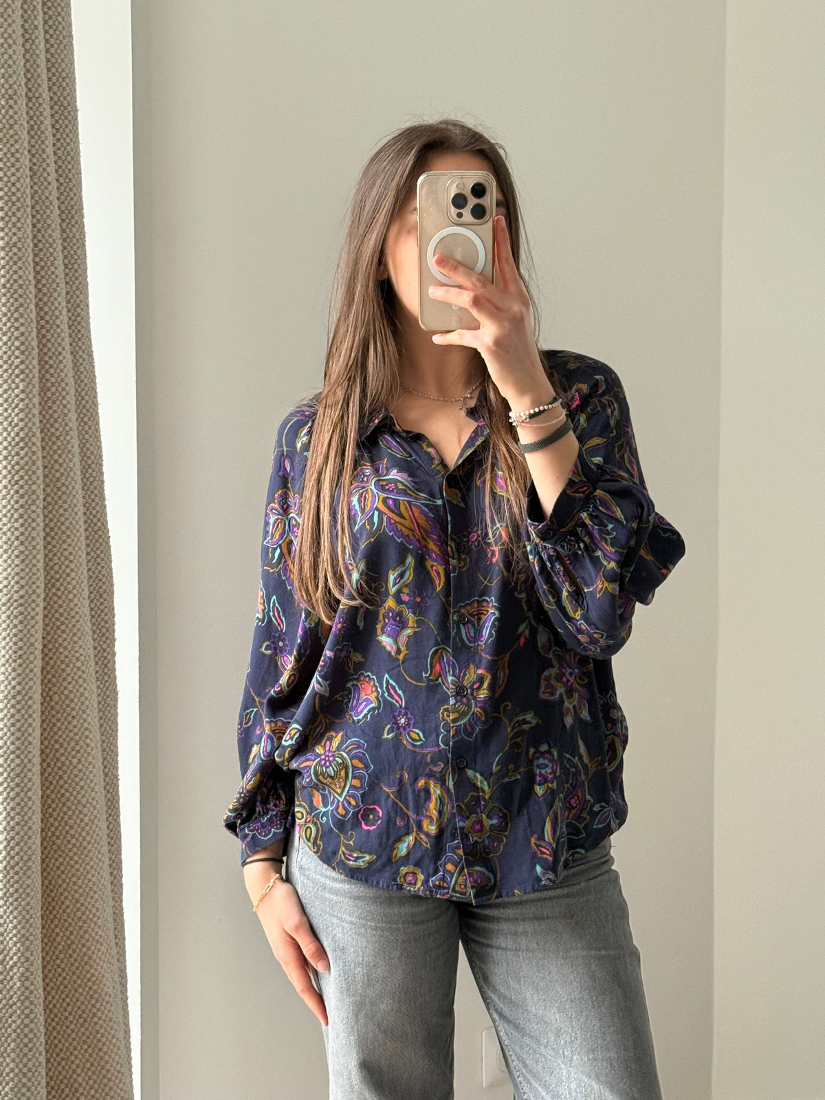 Caroll Bleu marine fleurs violette Chemise T.M