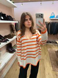 Pull blanc et orange en cachemire - A Poil - T.M/L 07/09