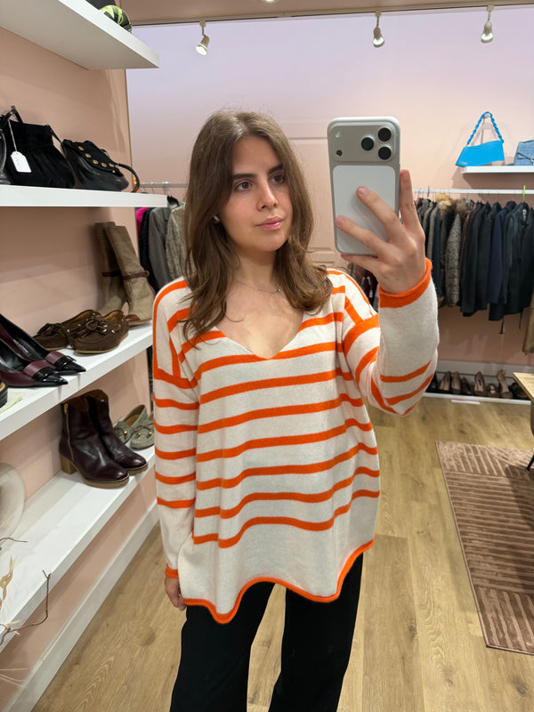 Pull blanc et orange en cachemire - A Poil - T.M/L 07/09