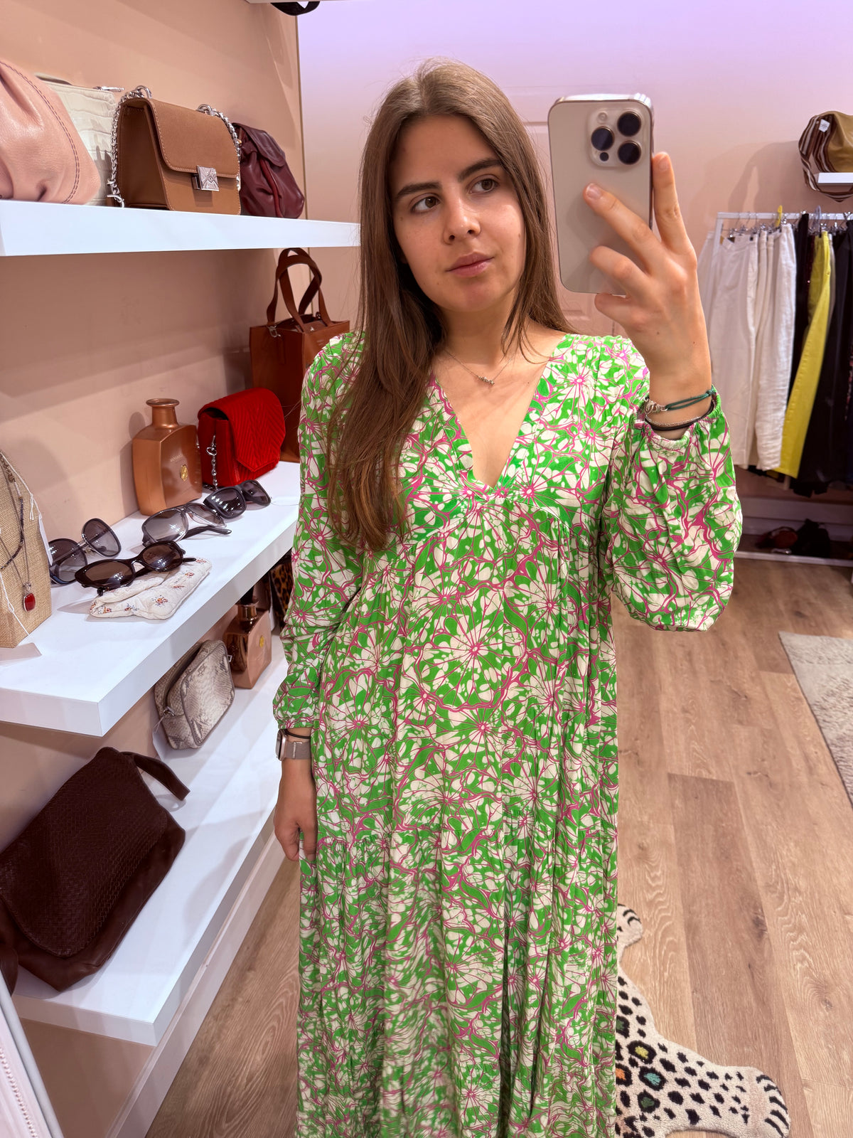 Robe verte et rose longue banditas T.U 12/07
