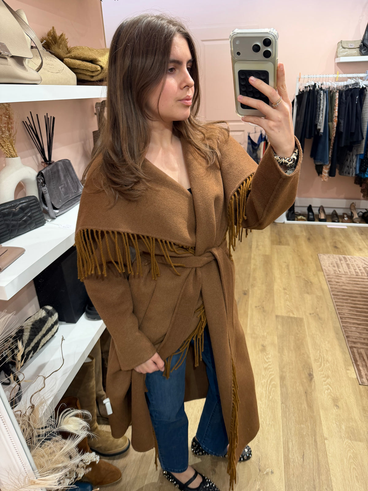 Manteau long marron à franges en laine Hôtel Particulier T.M/L 22/10