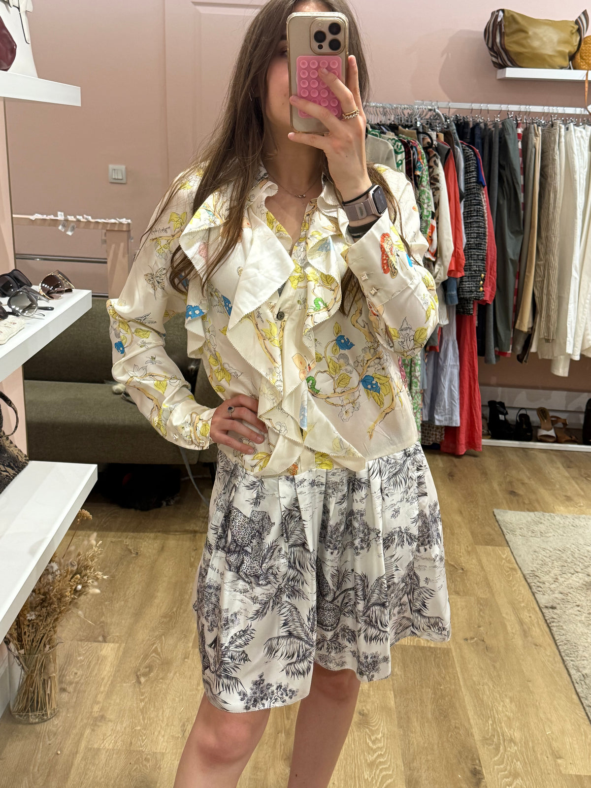 Zadig & Voltaire Robe Blanche rose et jaune Robe soie T.L 30/06