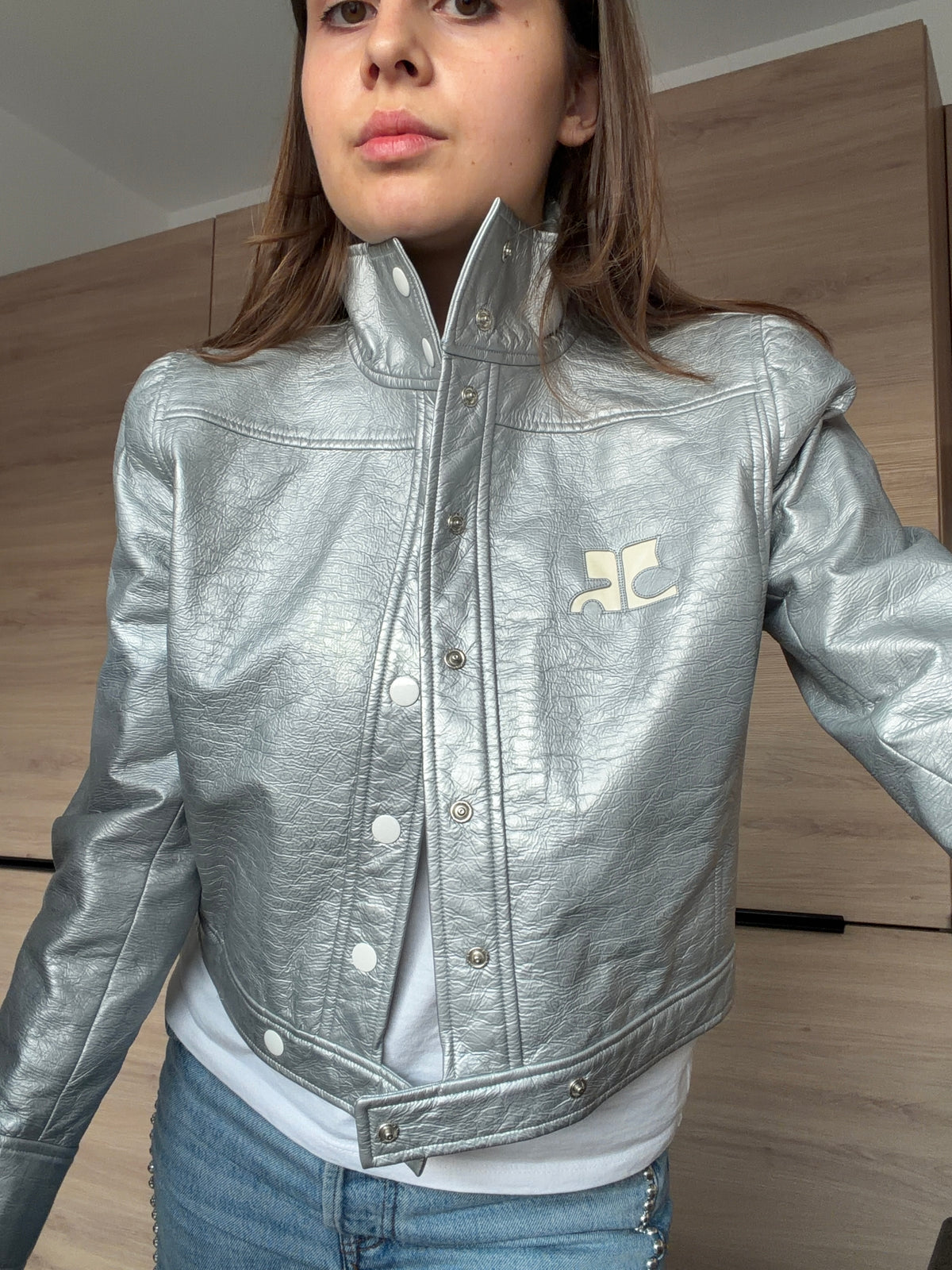 Veste en cuir Courrèges T.38 argenté 15/08
