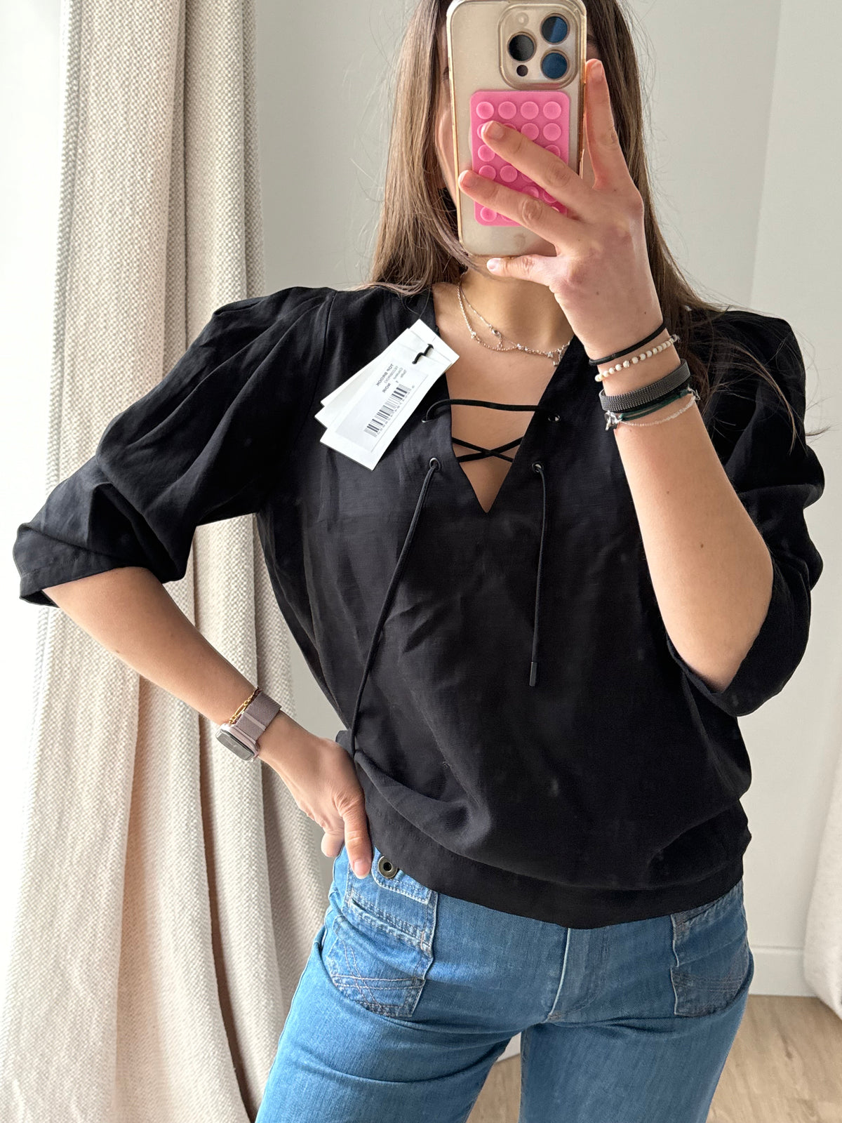 Blouse Ba&sh noire lacets manches 3/4 T.XS