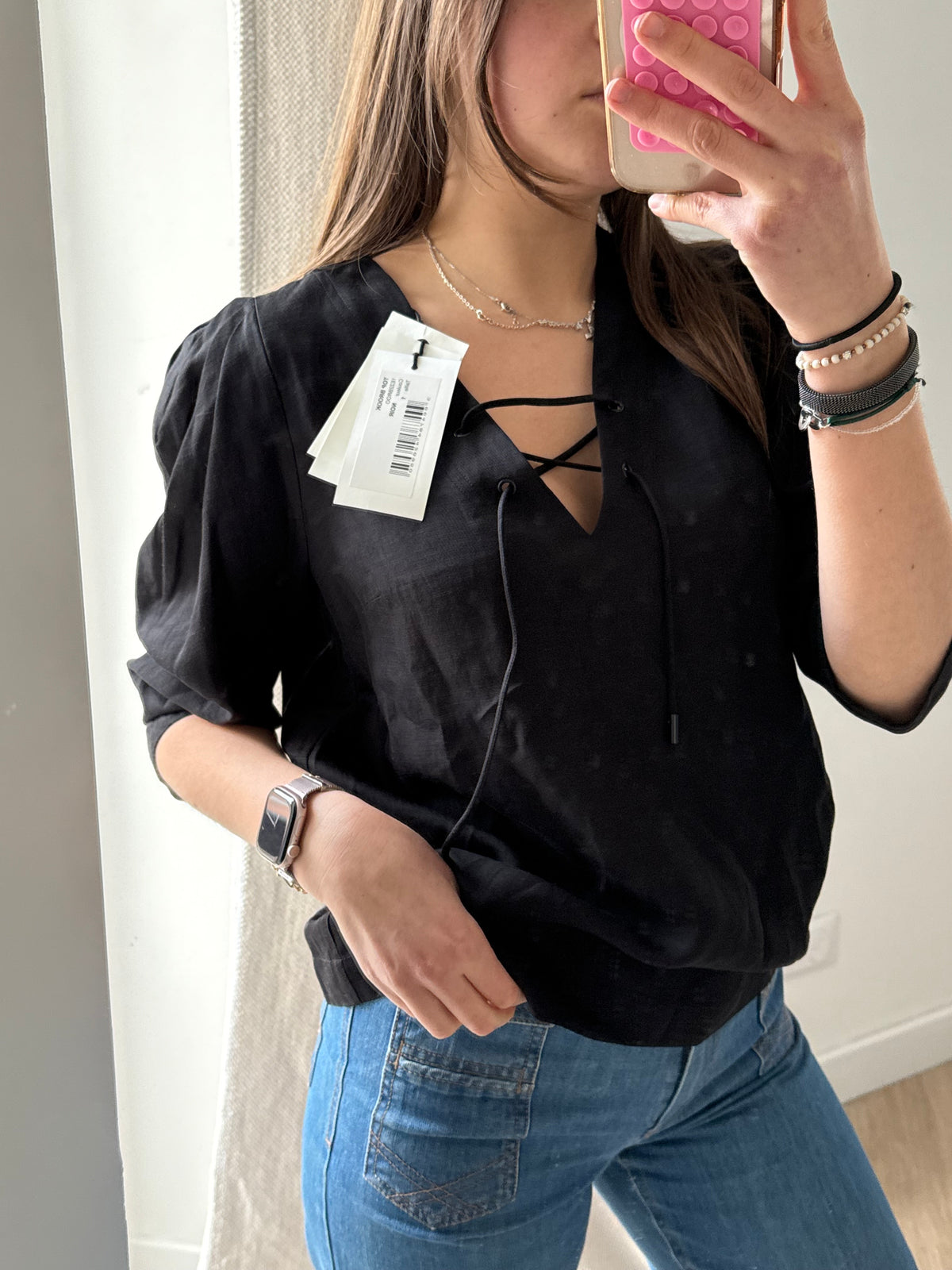 Blouse Ba&sh noire lacets manches 3/4 T.XS