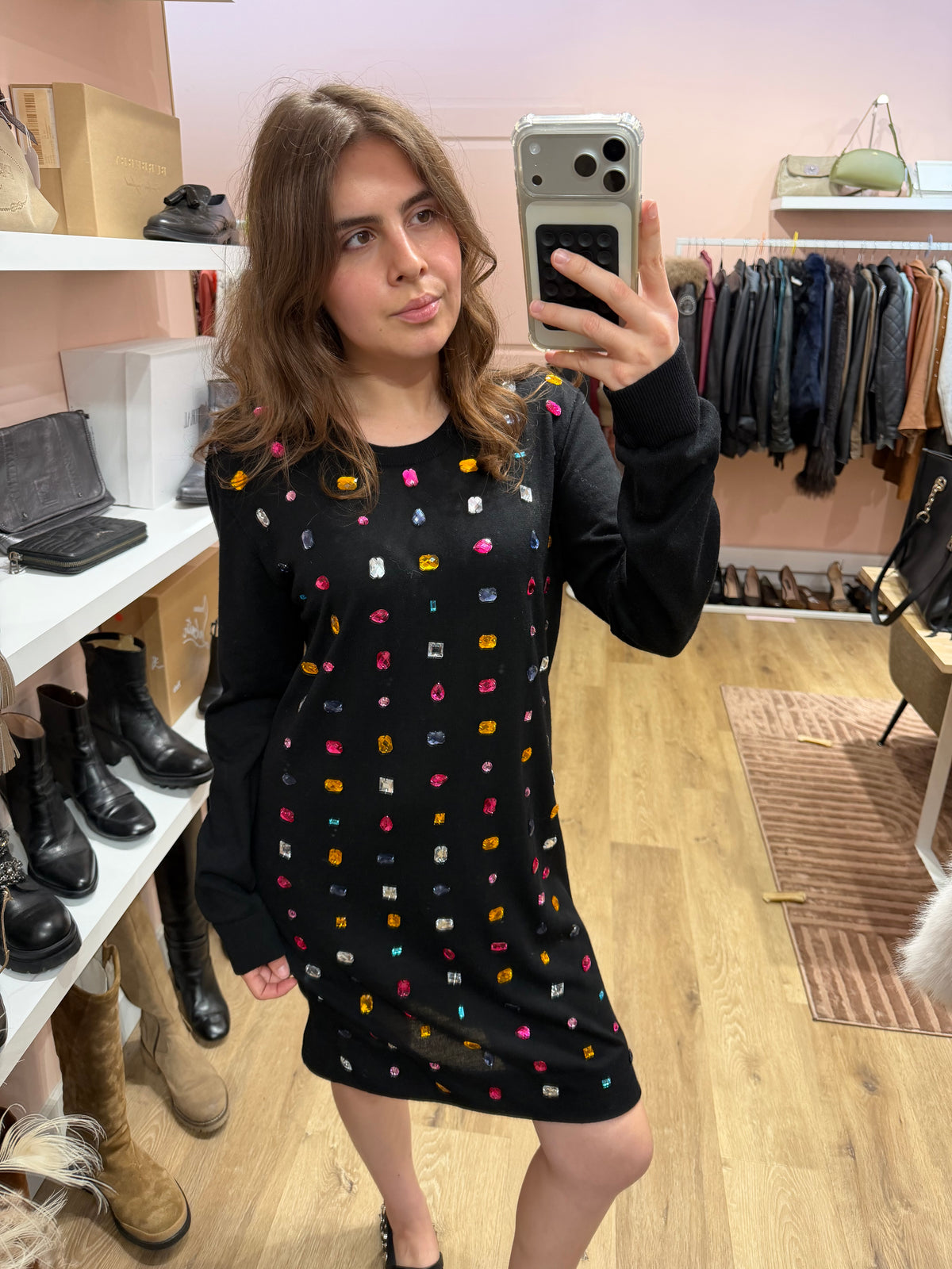 Robe noire en laine, détail strass à l’avant, Sonia Rykiel - T.L 01/10