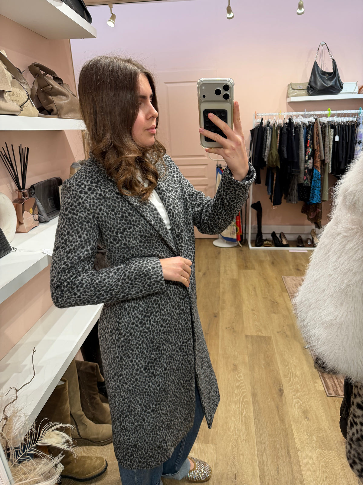 Manteau long gris à taches en laine Maje - T.S 12/10