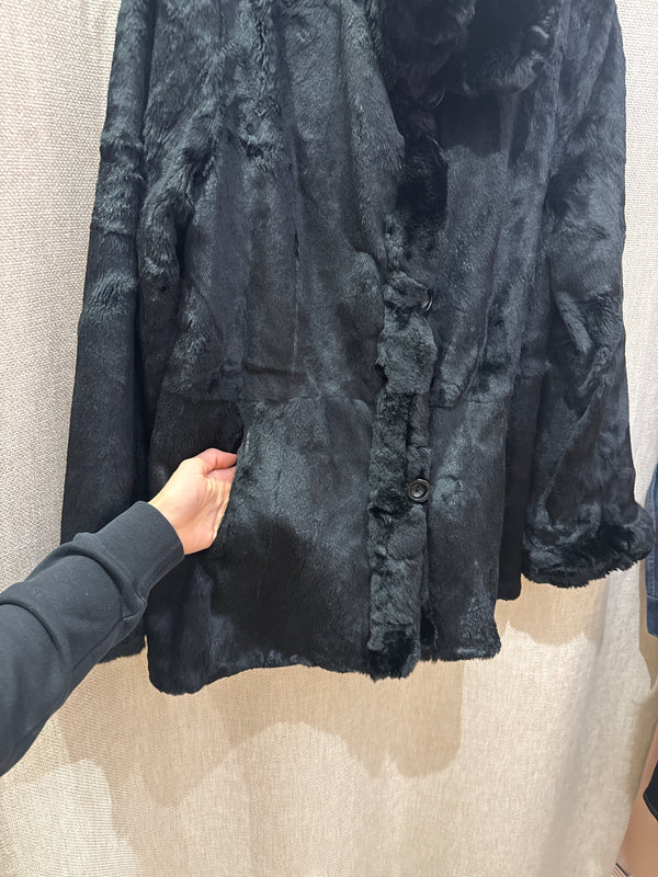 Manteau noir Dervernois T.XL - vraie fourrure réversible
