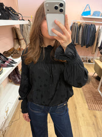 Maje - Blouse noire satinée manches longues, motif cachemire - T.S 07/09