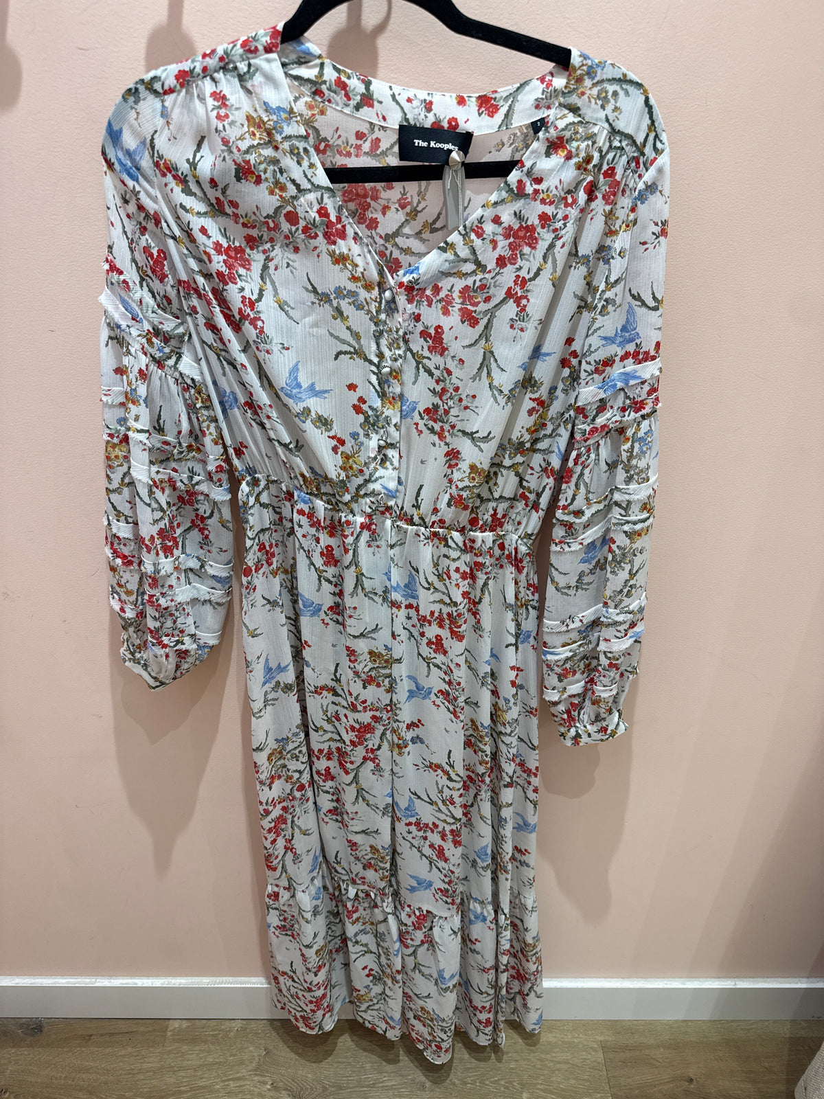 Robe longue The Kooples blanche fleurs rouges T.S 20/06
