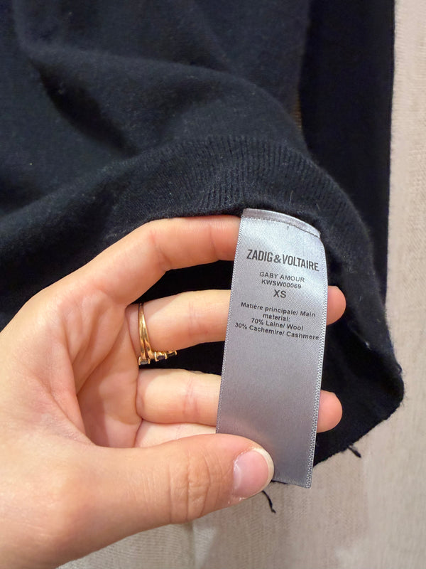 Zadig & Voltaire - Pull noir col rond, inscription rose Love - T.XS 11/09