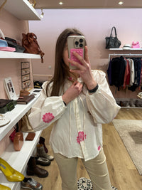 Emablues Blouse Blanche fleurs rose T.S