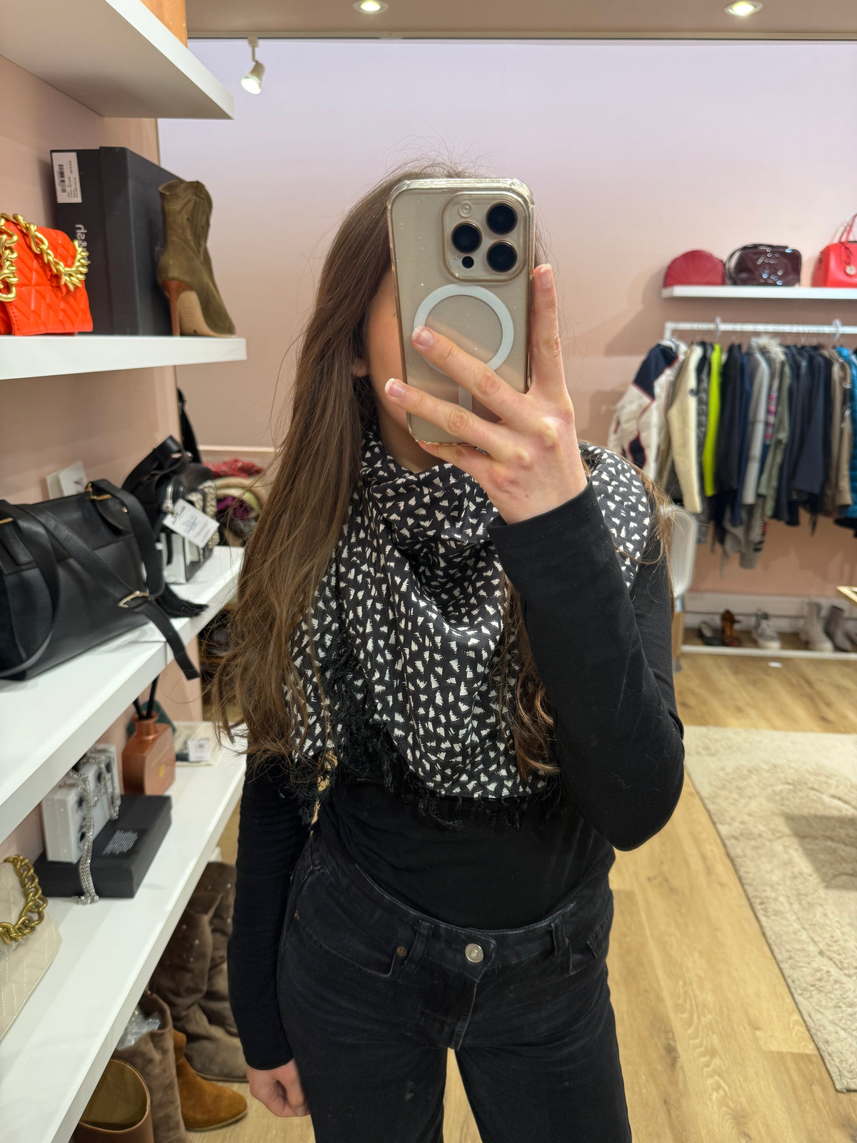 One Step - Foulard noir taches blanches franges - TU