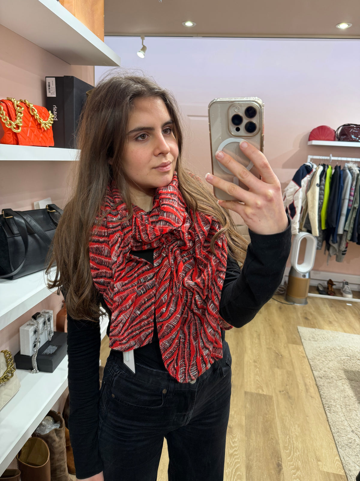 One Step - Foulard rouge détails feuille noire - TU