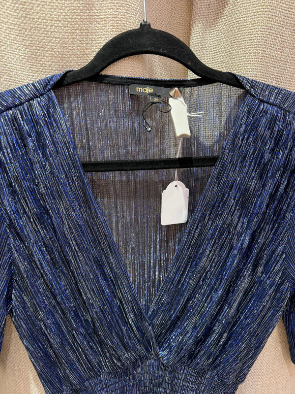 Maje - Robe longue bleue à volants argentés, manches courtes - T.38 03/09