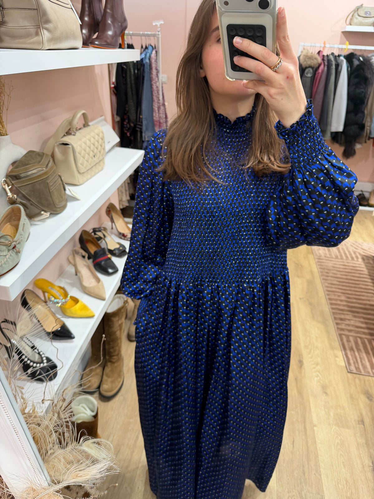 Robe longue claudie Pierlot carrée noire et bleue T.36 21/09