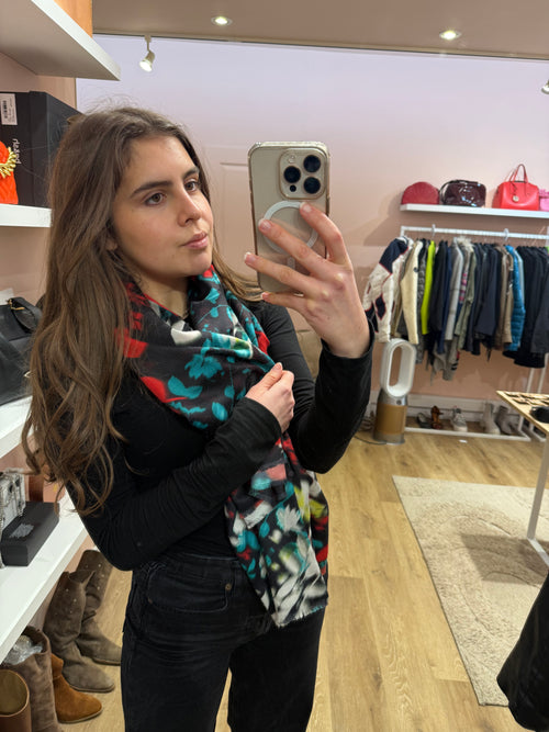 One Step - Foulard noir/étain feuilles rouges - TU