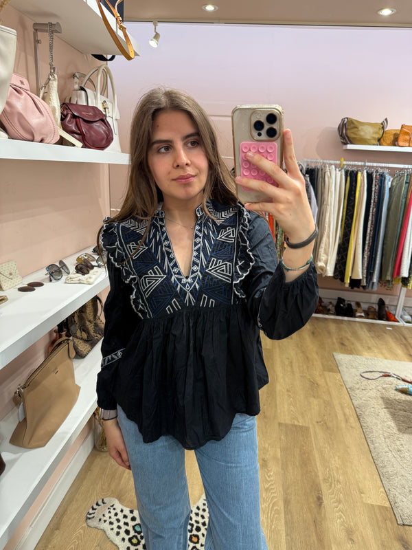 Blouse noire ML Bérénice broderie blanche T.S 01/07