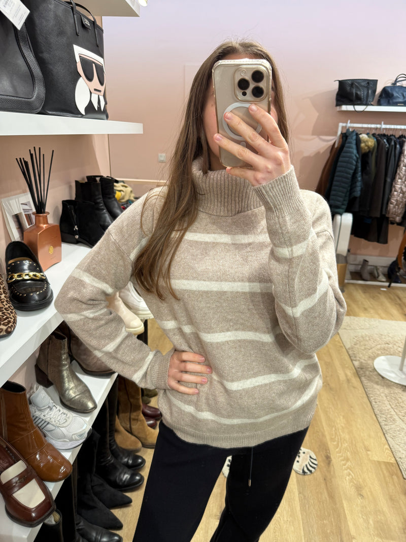 Pull beige rayures cachemire Italia (soie/laine) T.M