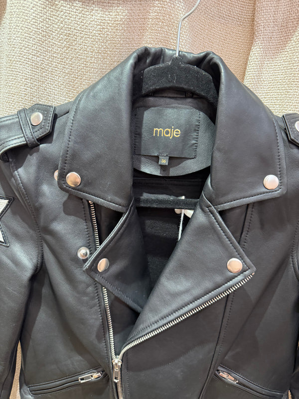 Perfecto noir en cuir broderie bleue Maje T.36 05/09
