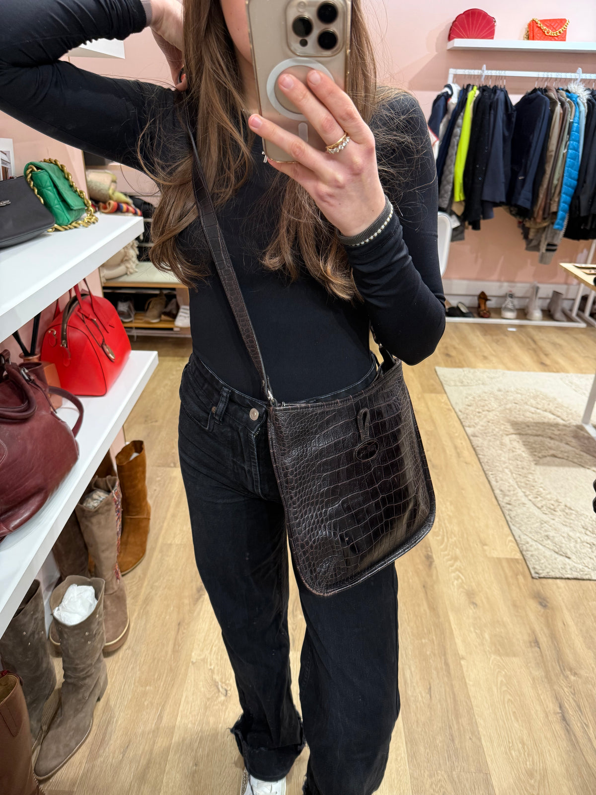 Sac Longchamp marron croco TU