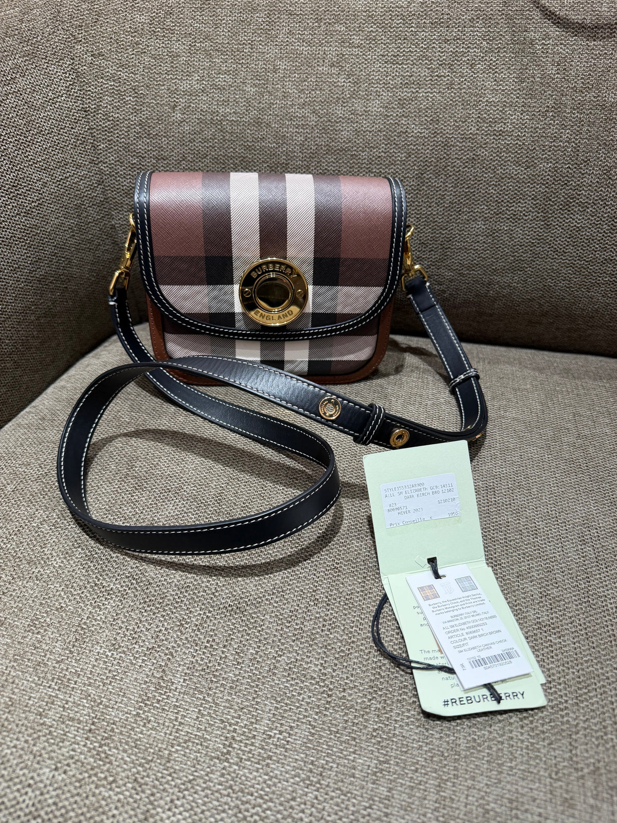 Sac bandoulière Burberry Elizabeth — Dark Birch Brown Check & Leather 15/10