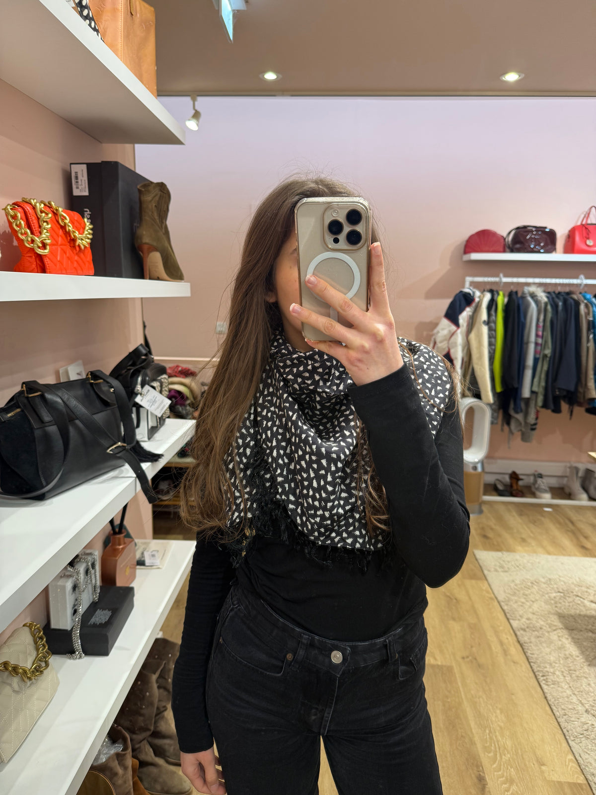 One Step - Foulard noir taches blanches franges - TU