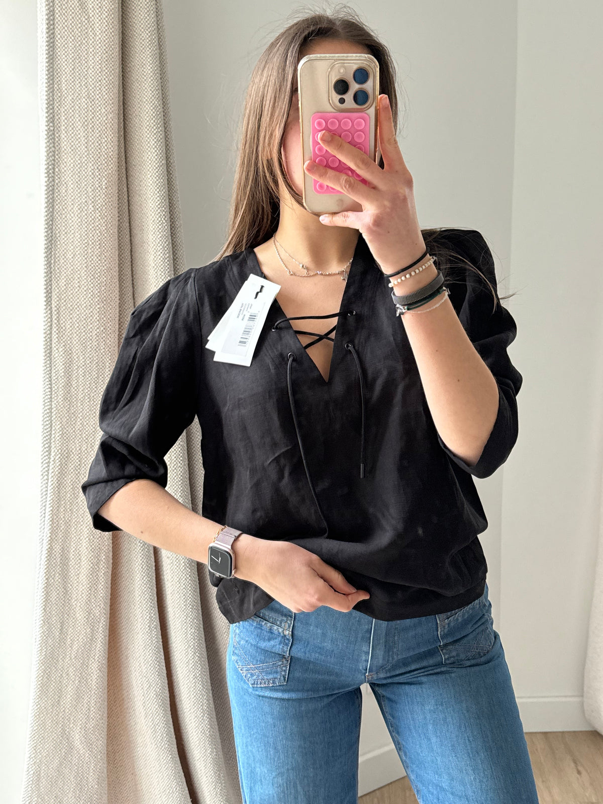 Blouse Ba&sh noire lacets manches 3/4 T.XS