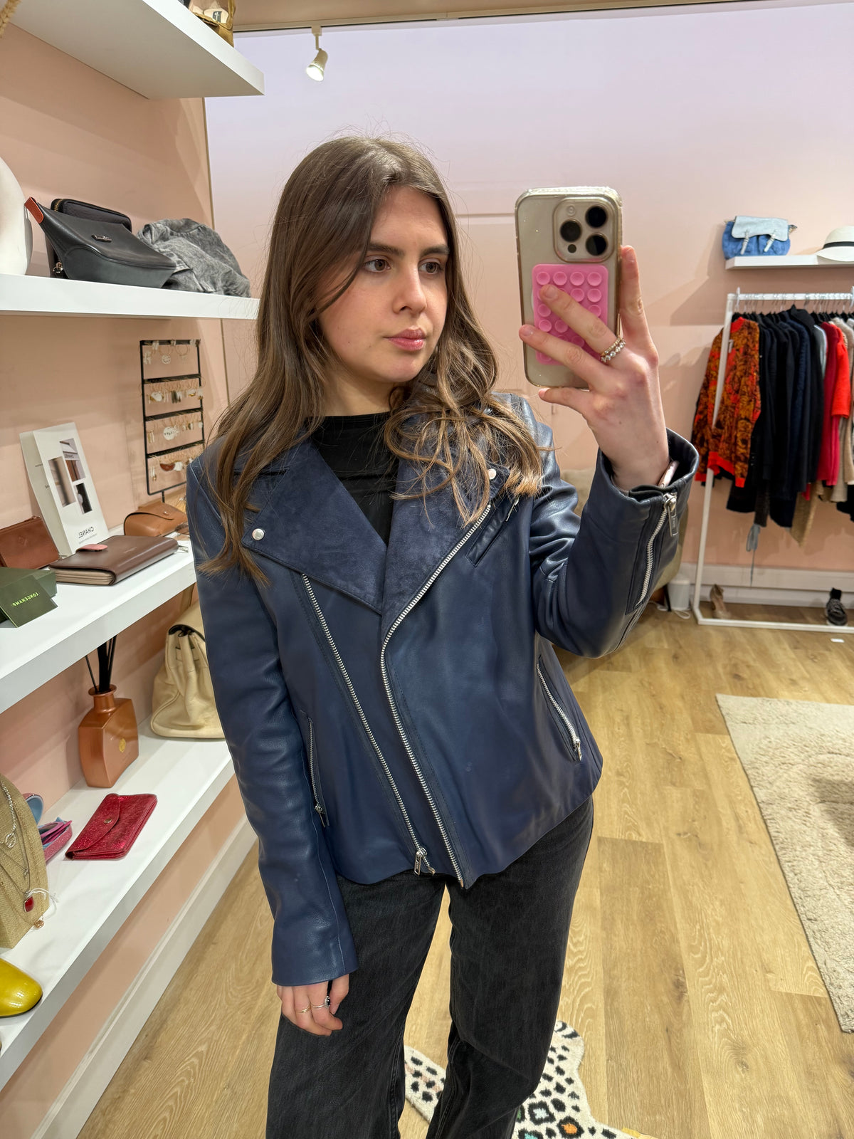 Veste en cuir Gérard Darel bleu marine T.40